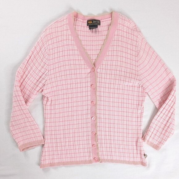 VTG Route 66 Soft Pink White Ribbed Stripe Knit Button Front Crop Light Cardigan - Picture 1 of 6